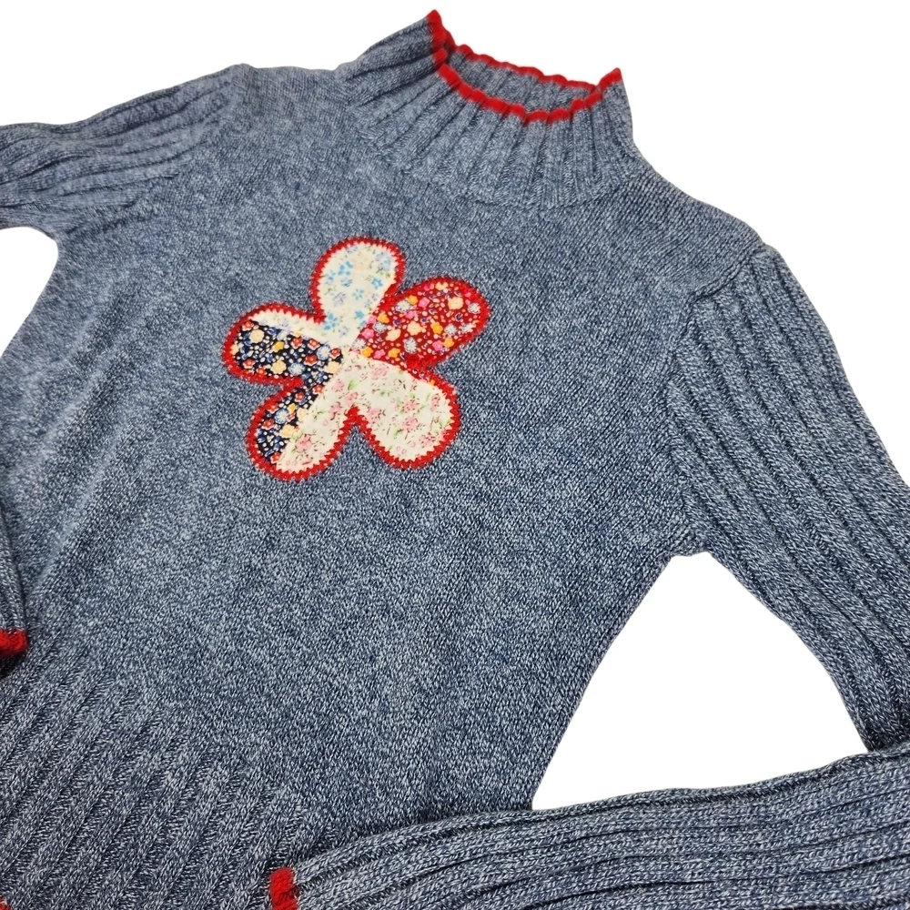 Knitty Gritty Girls Sweater Blue Mock Neck Medium Flower Patch Hippie Boho